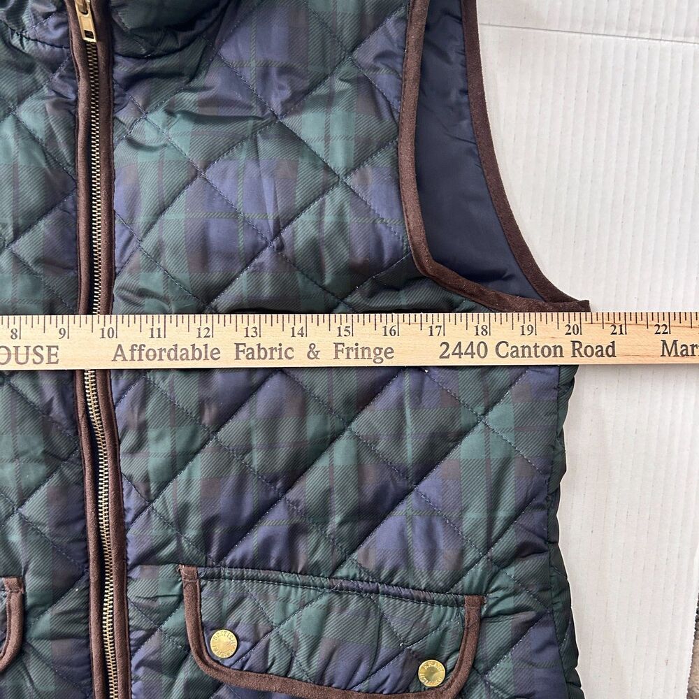 British Khaki Plaid Quilted Zip Vest Blue Green Women's L fur collar snap pocket - Picture 5 of 10